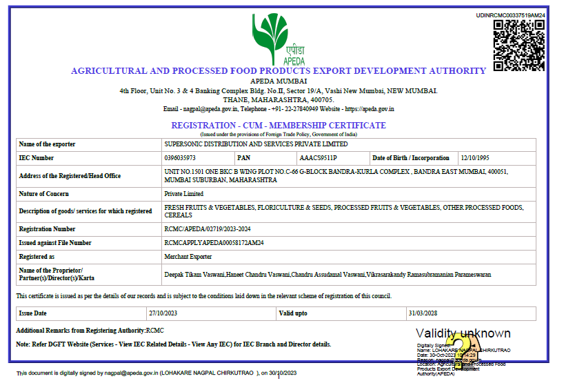 APEDA certificate for authorized export of agricultural and food products from India